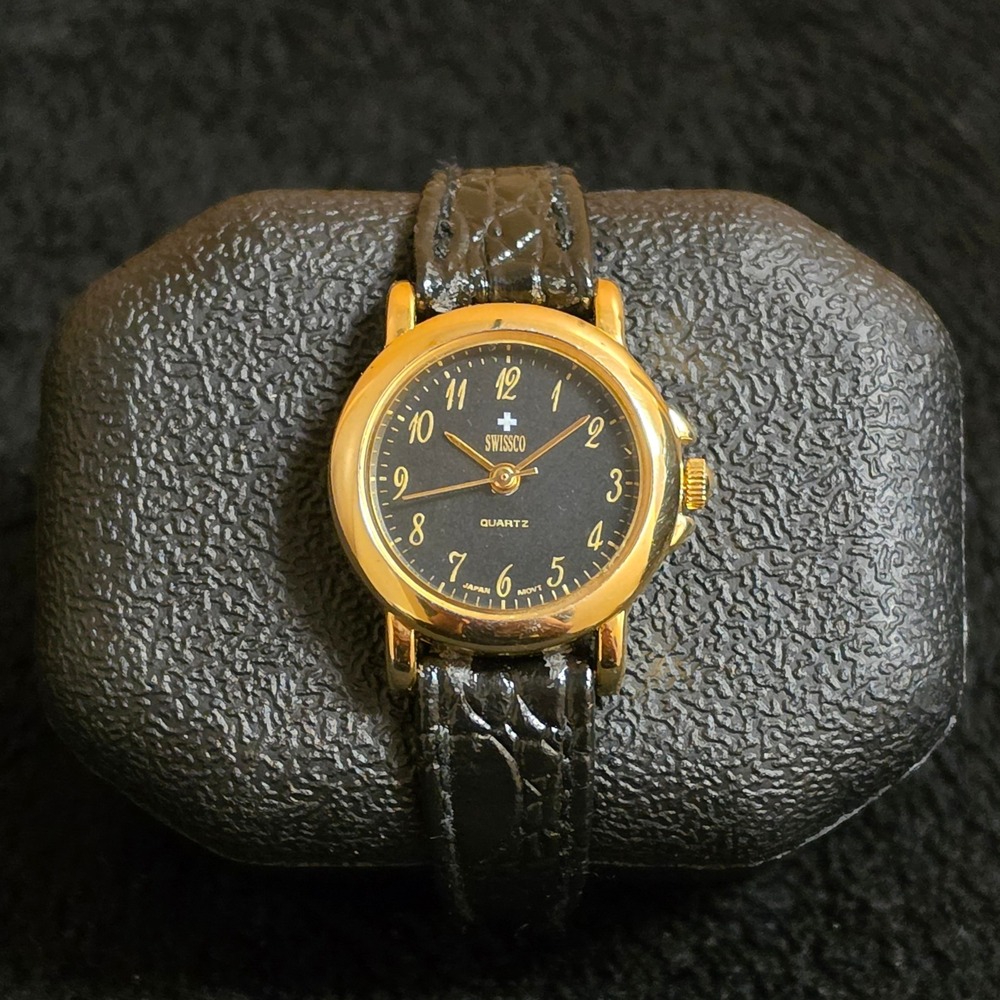 Swissco Women's Quartz Watch Black Dial Gold Tone Genuine Leather Japan Working*